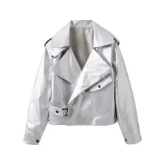 Autumn And Winter Women's Clothing Loose Retro Locomotive Style Short PU Leather Jacket - Silver - View 1
