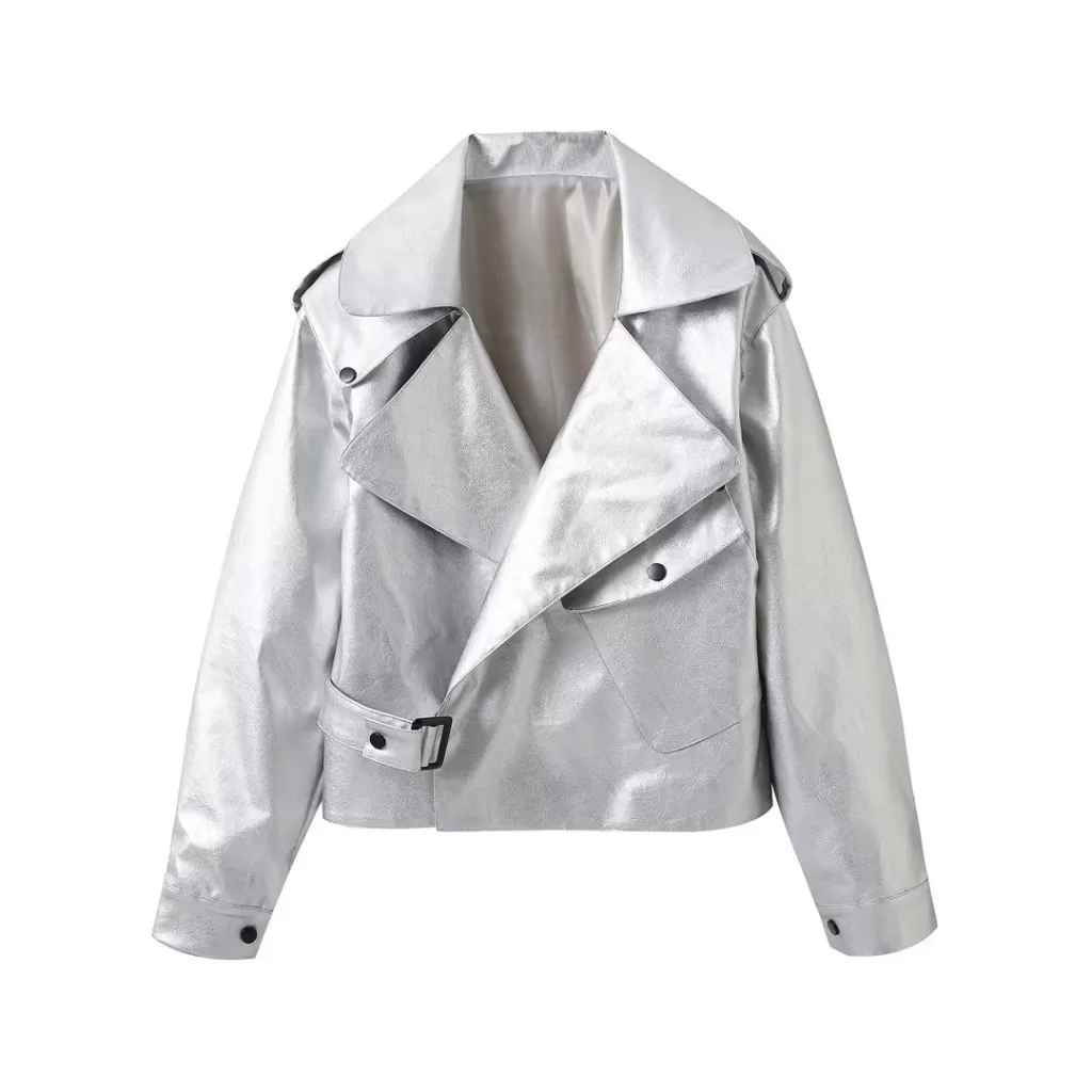 Autumn And Winter Women's Clothing Loose Retro Locomotive Style Short PU Leather Jacket - Silver