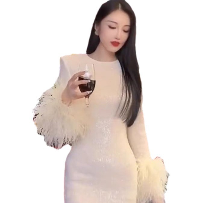 Round Neck Waist Trimming White Feather Cuff Dress