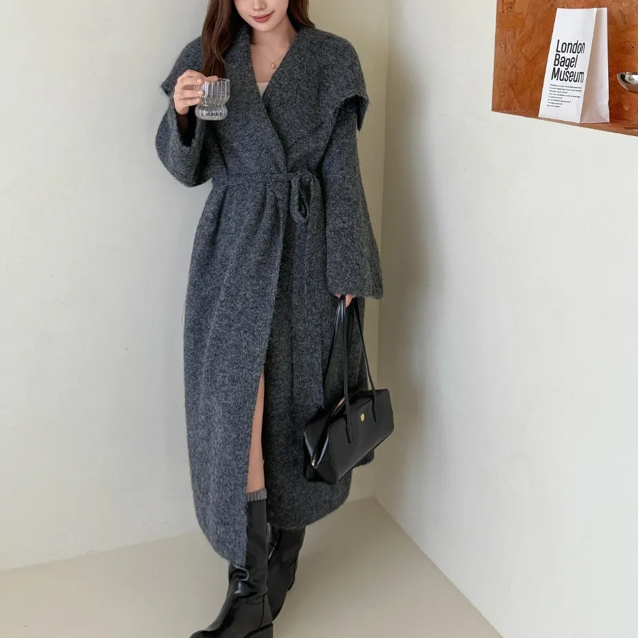 Korean Style Idle Style Lapel Sweater Coat For Women - Dark Gray