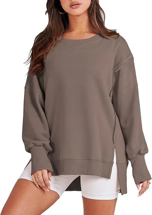Round Neck Long Sleeve Top Female Frayed Hem Split Patchwork Sweater Brown - Shop at LoveMi
