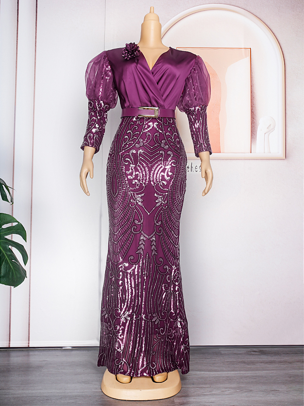 Polyester 3/4-Sleeve Long Evening Dress, picture 3 of 9