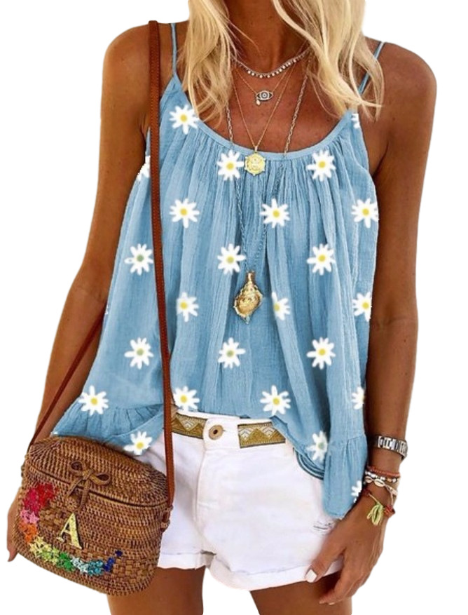 Women's Little Daisy Printed Camisole Large Size Loose Vest Blue - Shop at LoveMi