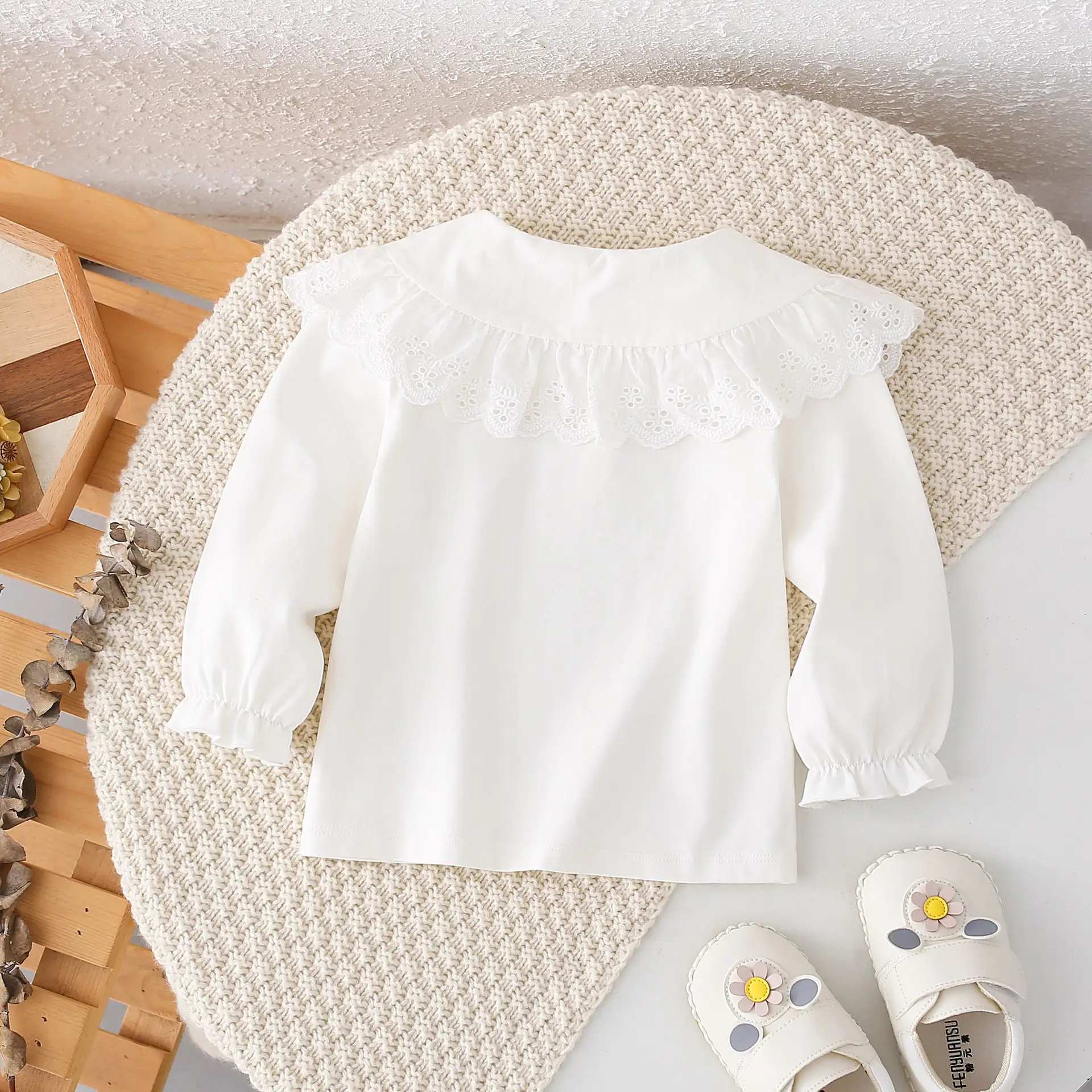 Baby Girls Long Sleeve White Shirt with Embroidered Lace Collar