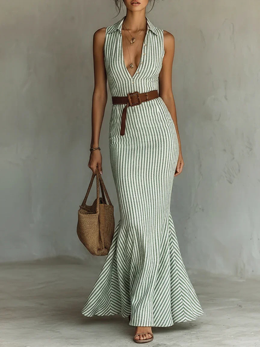 Elegant V-neck Dress With A Belt For Women