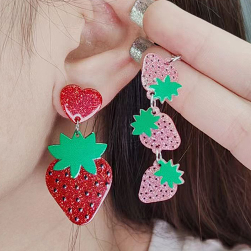 Womens Fashionable Strawberry-Print Acrylic Earrings