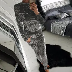 Ladies New Velvet Long-sleeve Suit Two-piece Set - Light Gray - View 1
