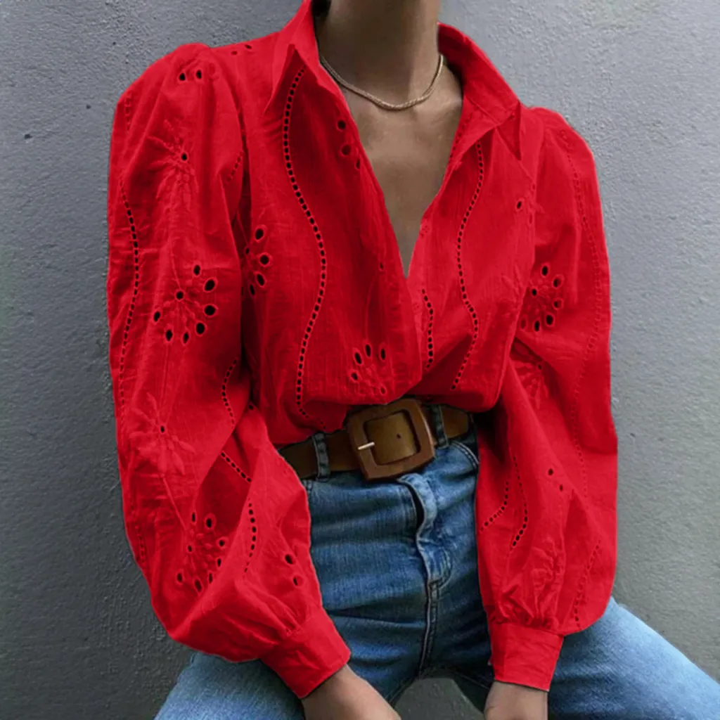 Casual Loose Fashion Hollowed-out Puff Sleeve Cardigan Top Women's Clothing - Red