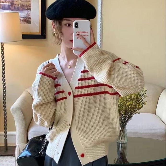 Women's Loose Short V-neck Striped Wool Cardigan