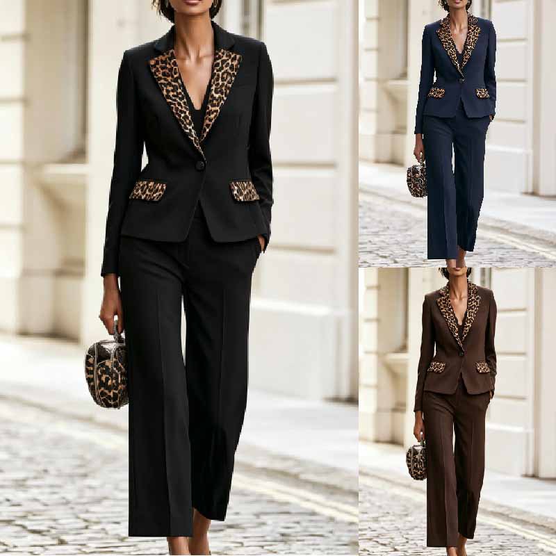 Elegant Commuter Leopard-Print Patchwork Suit Two-Piece Set