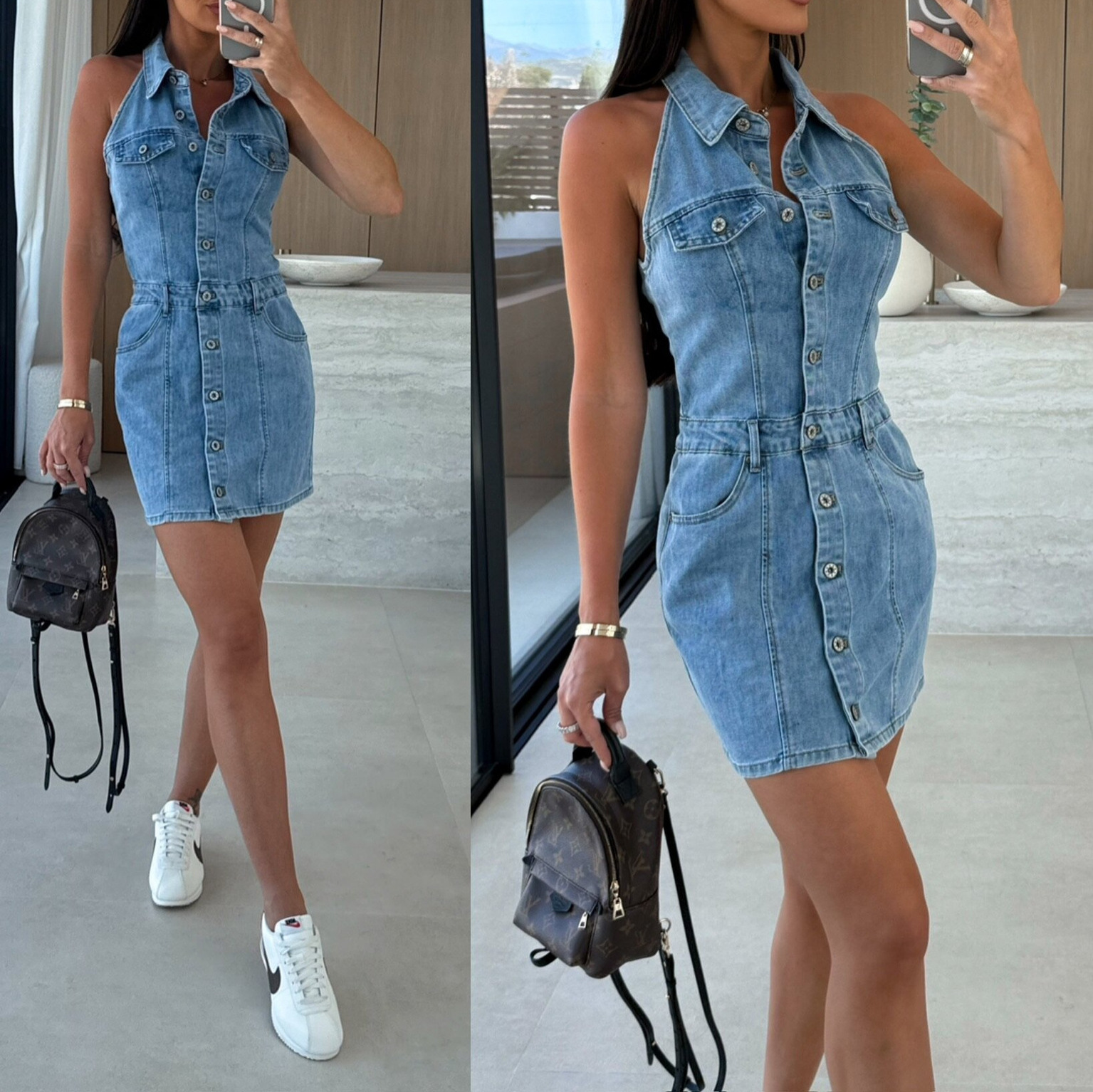 【Anyone more】Wannabe Denim Collar Sleeveless One Piece Single-breasted Lapel Sleeveless Waist Denim Dress