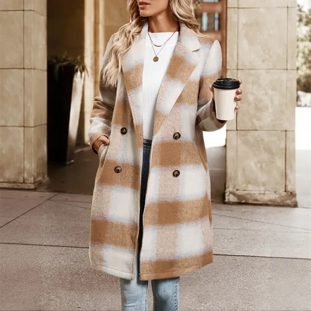 Mid length Double breasted Suit Collar Plaid Coat Khaki - Shop at LoveMi