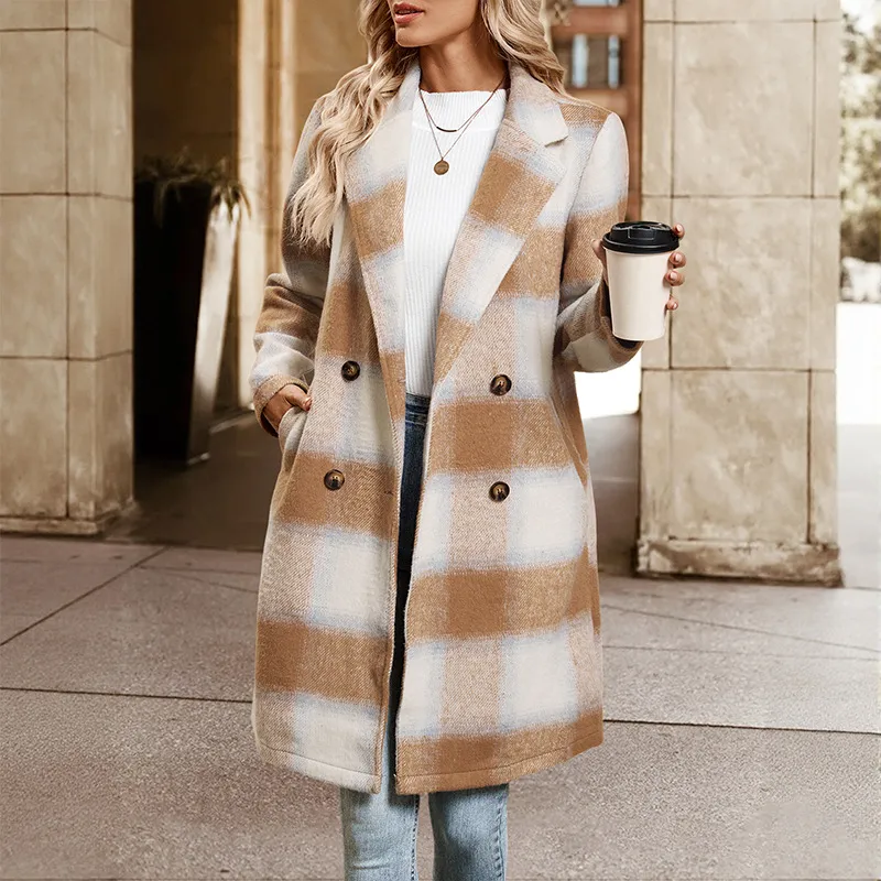 Mid-length Double-breasted Suit Collar Plaid Coat - Khaki