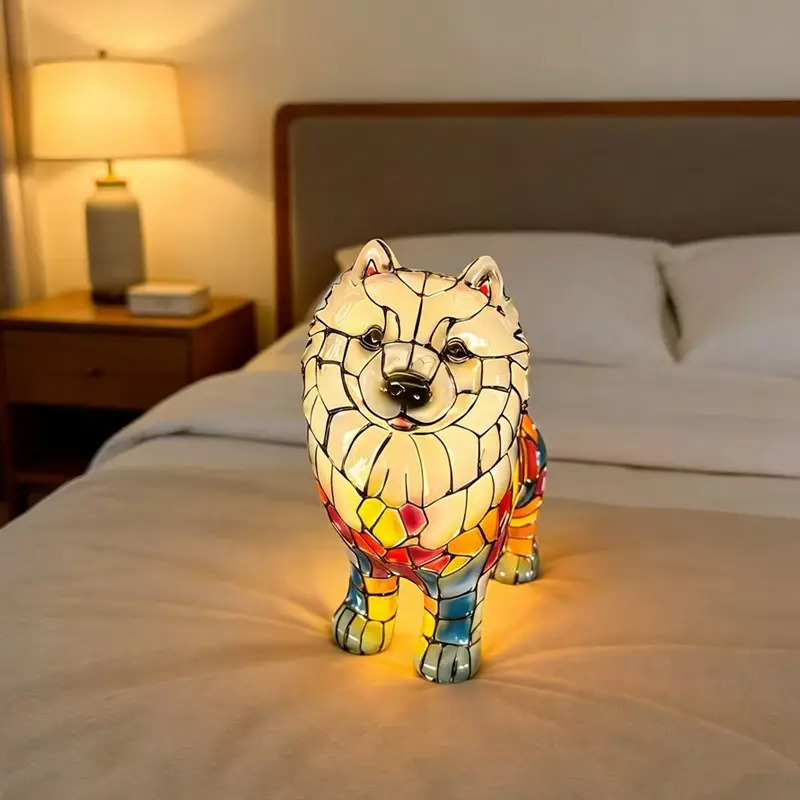 New Samoyed Dog LED Night Light Artistic Animal Figurine Resin Craftwork