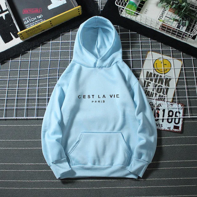 Women's Letter Printed Hoodie Coat Sky Blue And Black Picture - Shop at LoveMi