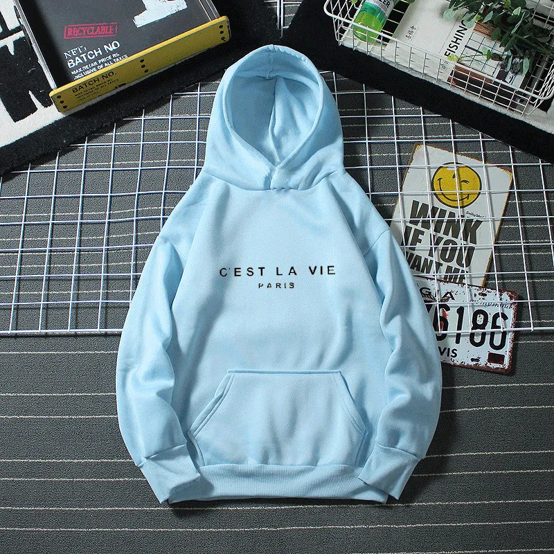 Women's Letter Printed Hoodie Coat - Sky Blue And Black Picture