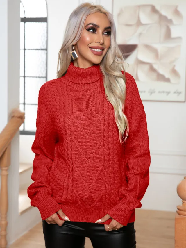 Cable knit Turtleneck Loose fitting Long Sleeve Sweater Red - Shop at LoveMi