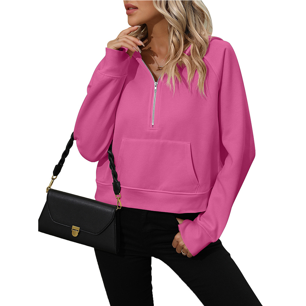 Women's Half Zip Pullover Hooded Sweatshirt Fleece Short Chic Sweatshirt Rose Red - Shop at LoveMi