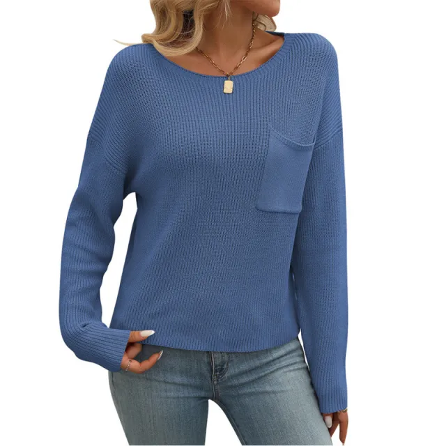 Women's Round Neck Pocket Decorative Top Long Sleeve Sweater Blue - Shop at LoveMi