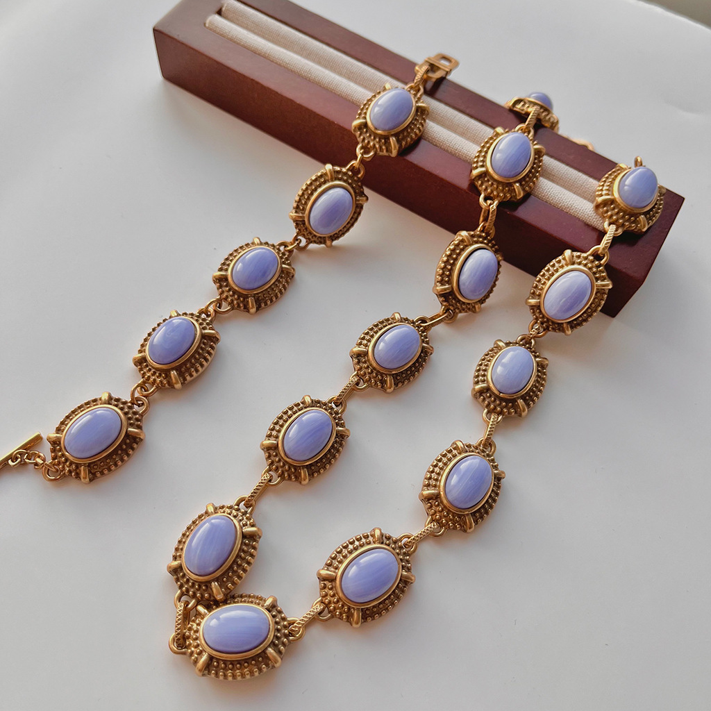 Gold-Plated Stone Necklace and Bracelet Set