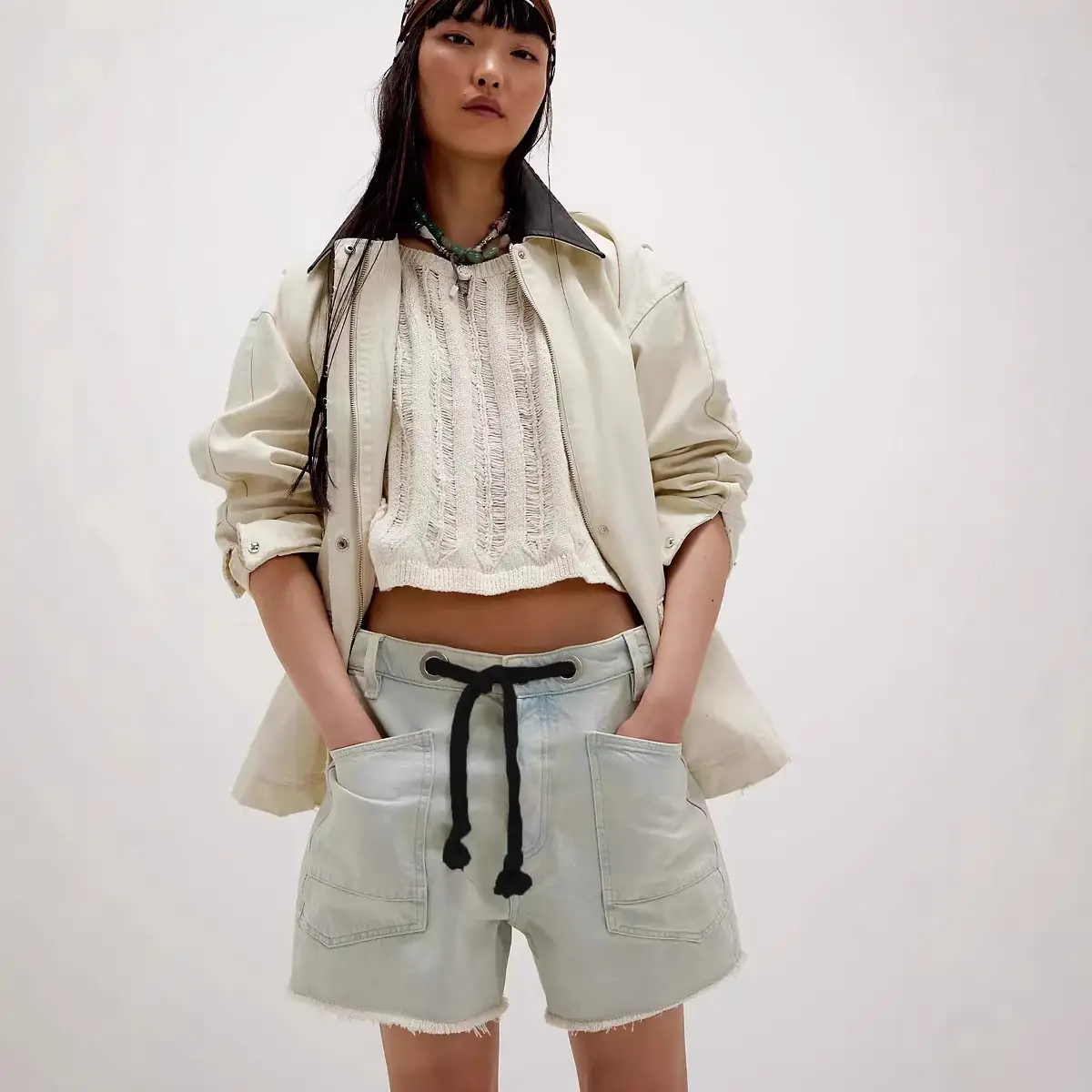 Casual Drawstring Loose Denim Shorts With Multiple Pockets
