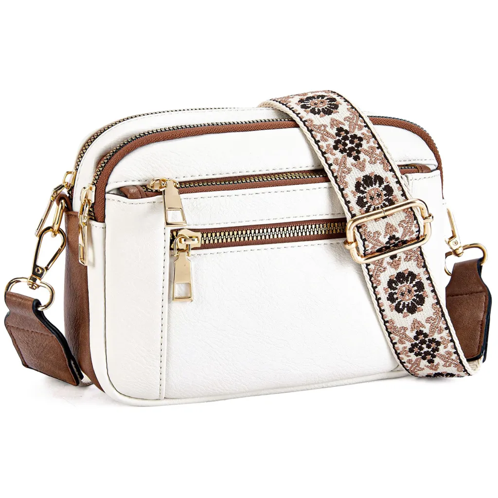 Triple-zipper Shoulder Bag With Floral Embroidered Straps Fashion Colorblock Multi-functional Crossbody Bags For Women - White