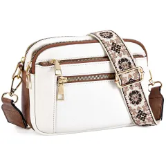 Triple-zipper Shoulder Bag With Floral Embroidered Straps Fashion Colorblock Multi-functional Crossbody Bags For Women - White - View 1