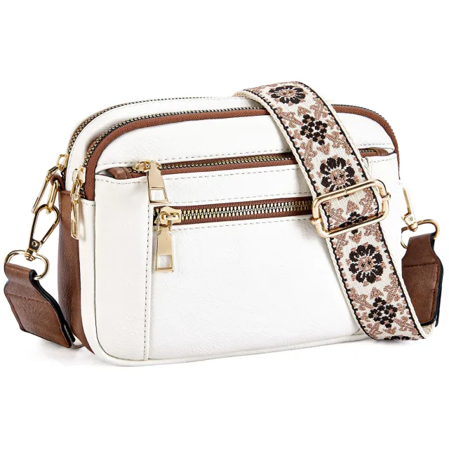 Triple zipper Shoulder Bag With Floral Embroidered Straps Fashion Colorblock Multi functional Crossbody Bags For Women White - Shop at LoveMi