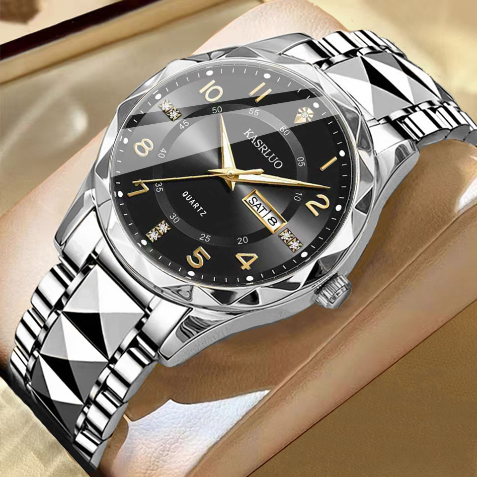 Men's Dual Calendar Fashion Waterproof Luminous Quartz Watch Silver Black