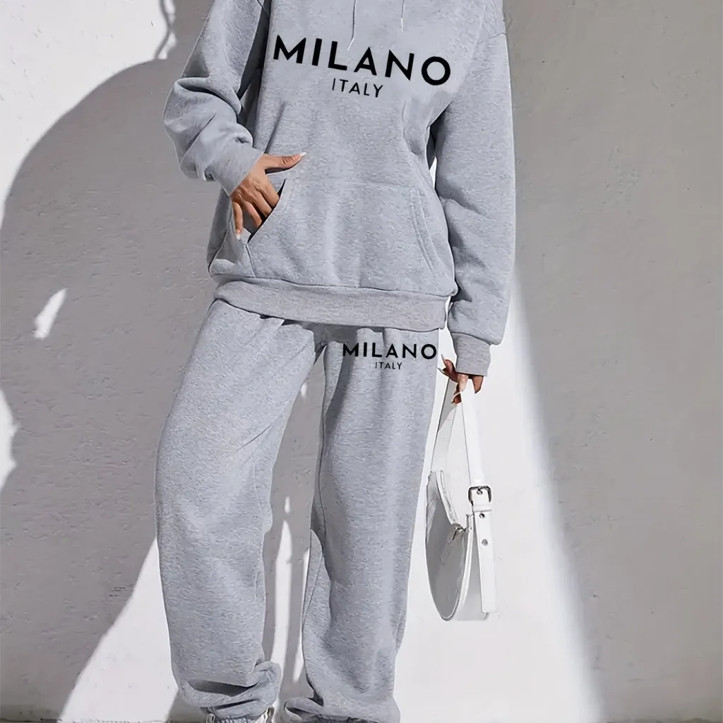 Women's Fashion Printed Hoodie Suit - Gray