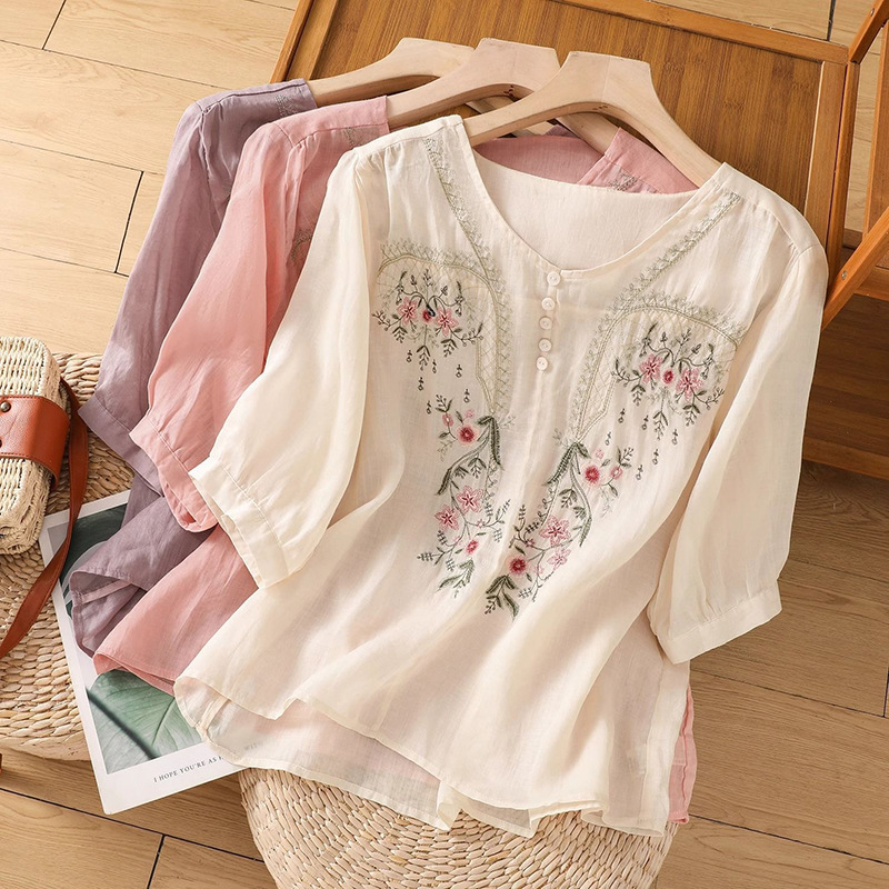 Short Sleeve Top Pullover Embroidered Chinese Women's Loose Slimming And All-matching