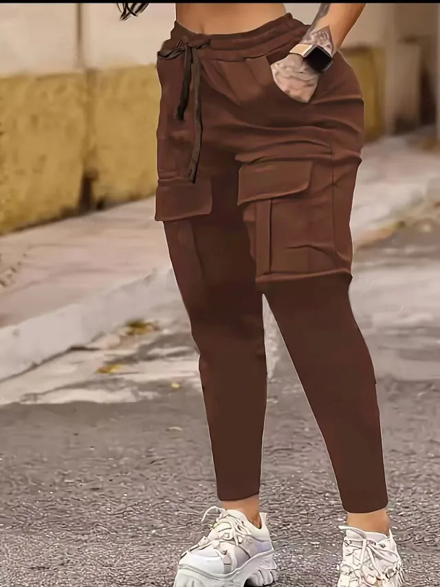 European And American Solid Pocket Ankle Banded Working Pants Brown - Shop at LoveMi
