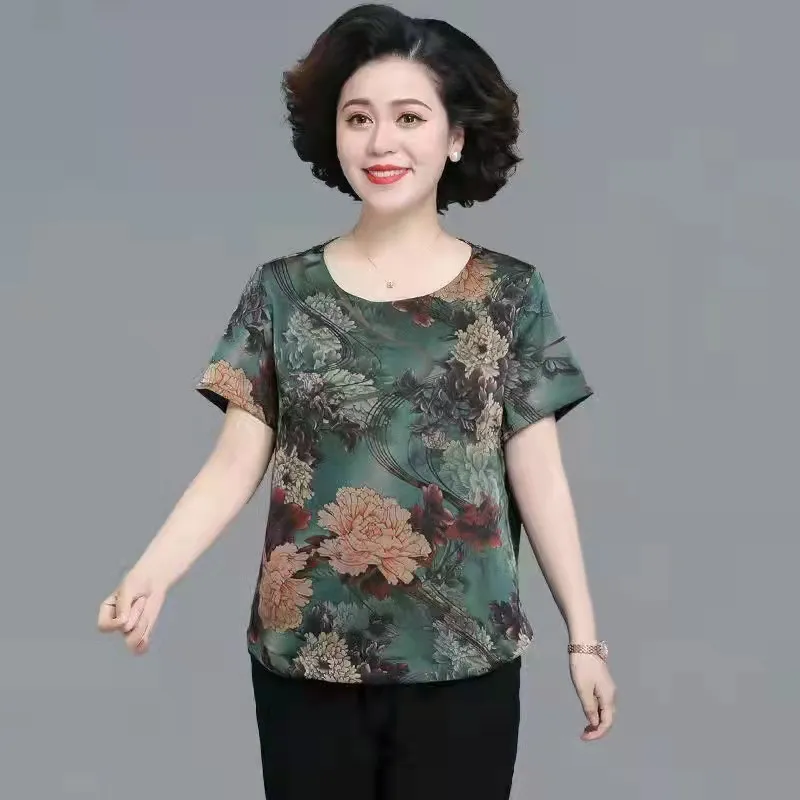 Mom Wear Western Style Suit Ice Silk Top Western Style Small Blouse Short Sleeve - Green