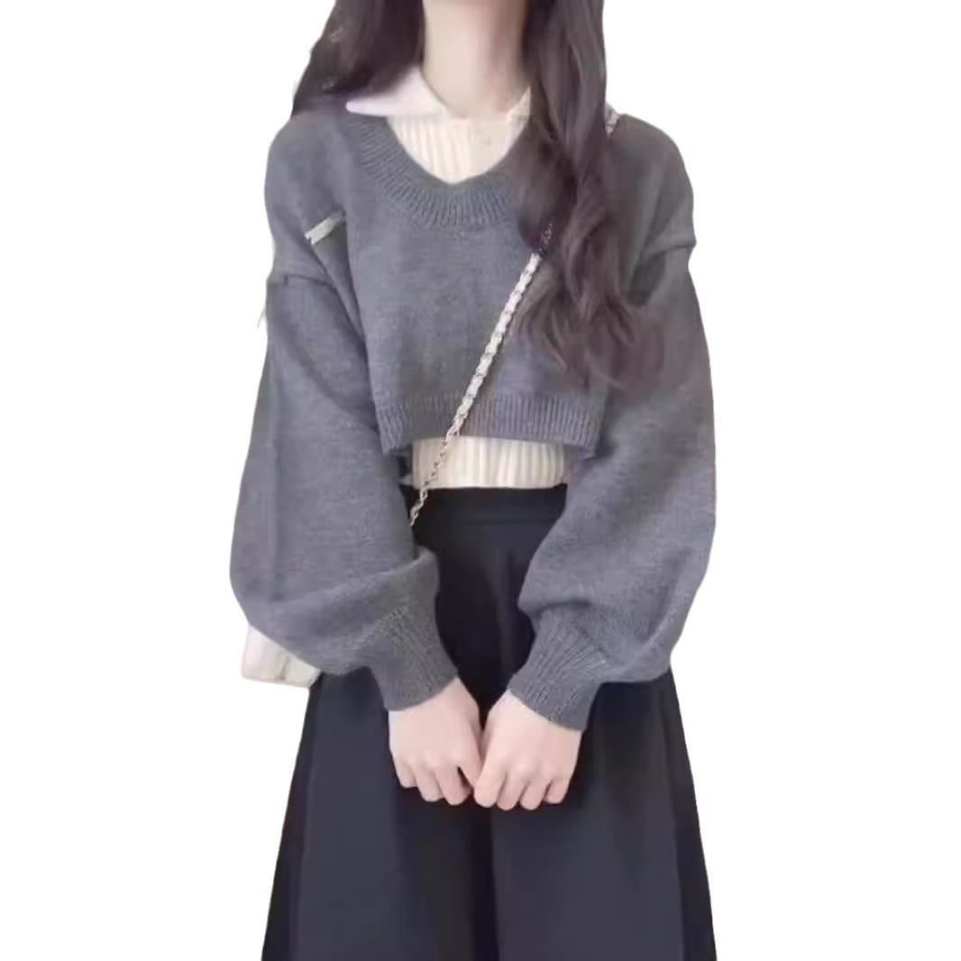 Contrast Color Pullover Design Knitwear Women's Sweater Vest Two-piece Set Slim-fit Crop-top