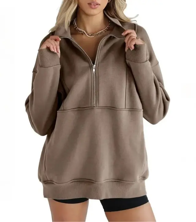 Zipper Patchwork Pocket Brushed Hoody Women's Loose Brown - Shop at LoveMi