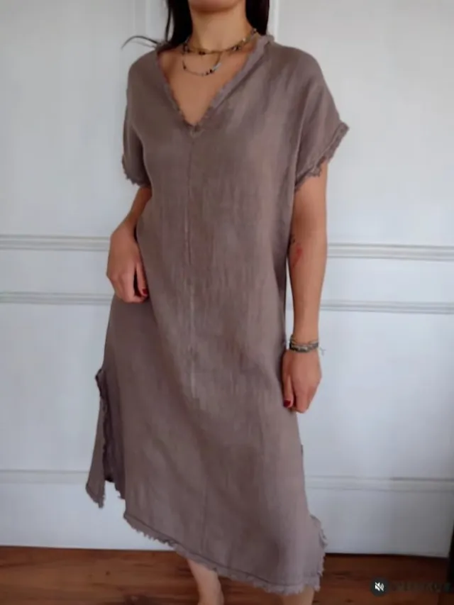Casual Cotton And Linen Solid Color And V neck Tassel Slit Dress Brown - Shop at LoveMi