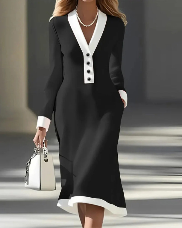 Commuting Color block V neck Midi Dress Casual Black - Shop at LoveMi