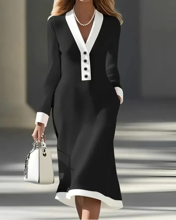 Commuting Color block V neck Midi Dress Casual Black - Shop at LoveMi