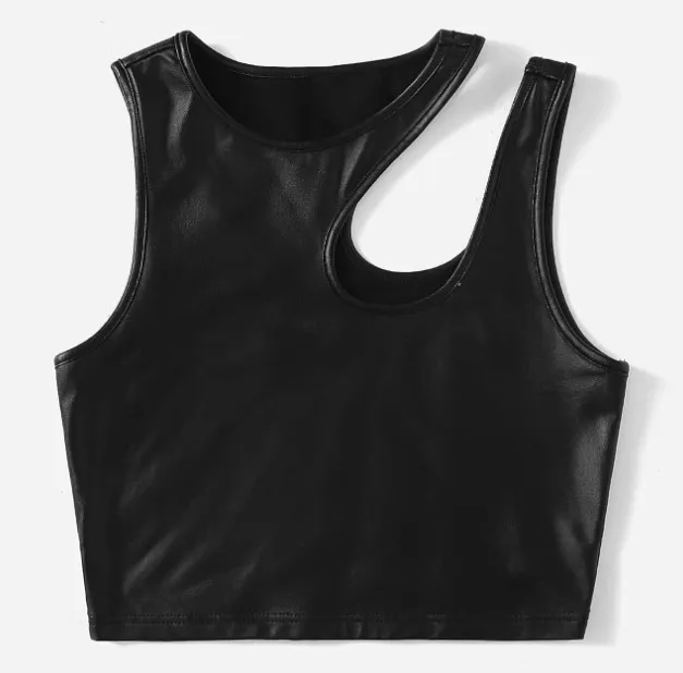 Patent Leather Irregular Shoulder Vest Women's Clothing Black - Shop at LoveMi