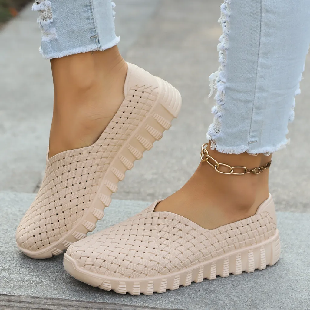 Mesh Surface Shoes Breathable One Pedal White Shoes Low Cut Sports Casual Women Pumps - Apricot