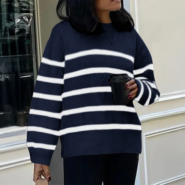 European And American Casual Striped Knitted Long sleeved Top Purplish Blue And White - Shop at LoveMi