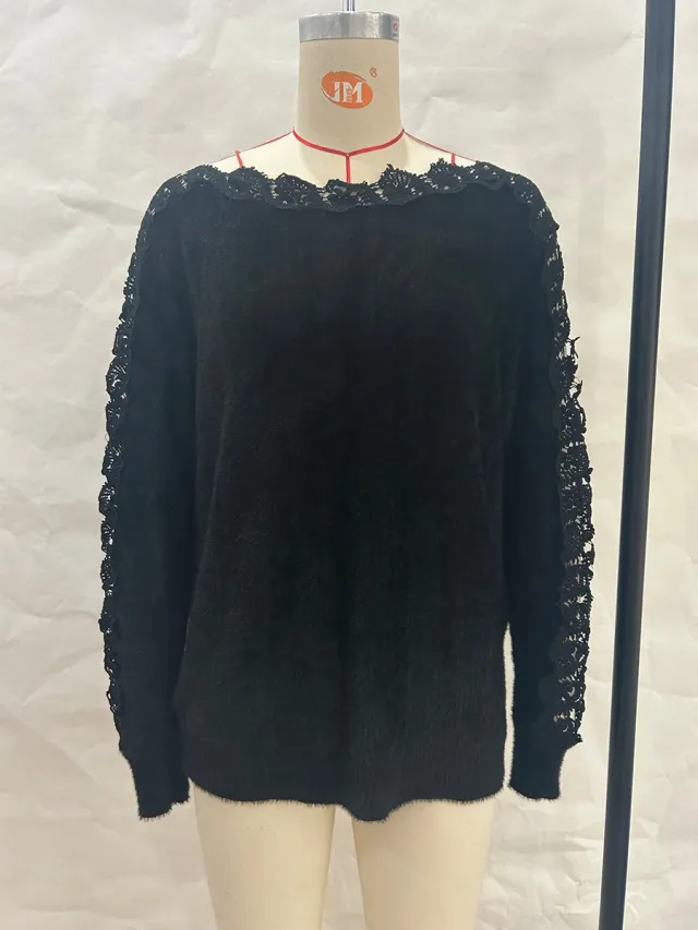 Elegant Boat neck Lace Stitching Sleeve Knitted Sweater Black - Shop at LoveMi