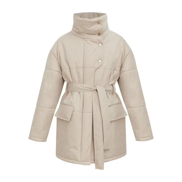 Stand up Collar Cotton padded Coat Coat Irregular Mid length Tan - Shop at LoveMi