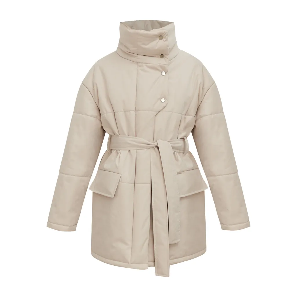Stand-up Collar Cotton-padded Coat Coat Irregular Mid-length - Tan