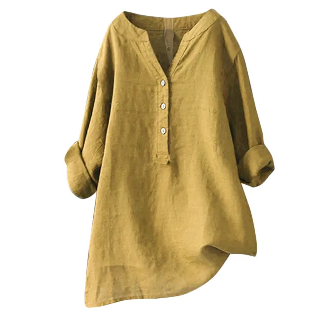 Loose Solid Color Stand Collar Button Long Sleeve Cotton And Linen Top Yellow - Shop at LoveMi