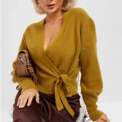 V-neck Lace-up Knitted Sweater Women's Coat - Yellow - View 1
