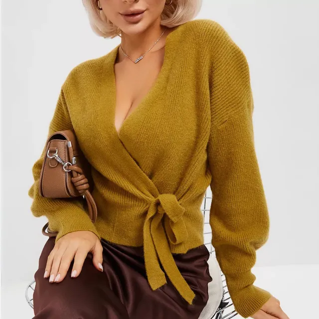 V neck Lace up Knitted Sweater Women's Coat Yellow - Shop at LoveMi