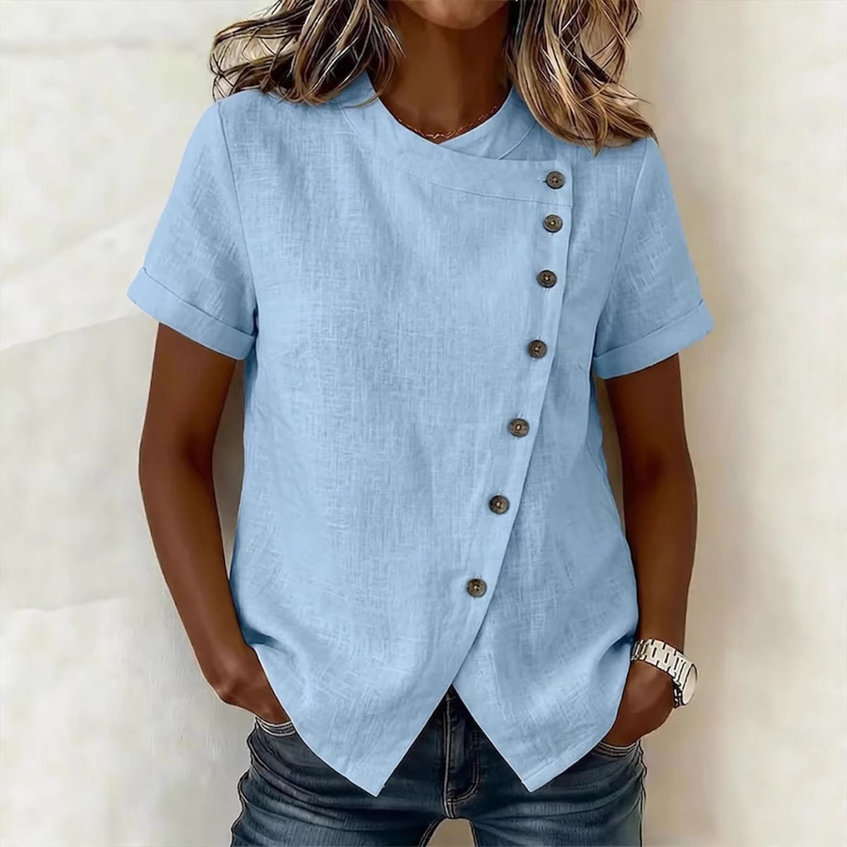 New Solid-Color Cross-Neckline Short-Sleeve Loose Cotton-Linen Asymmetrical Top