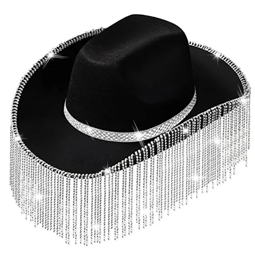 Bridal Party Rhinestone Tassel Western Denim Hat Black - Shop at LoveMi