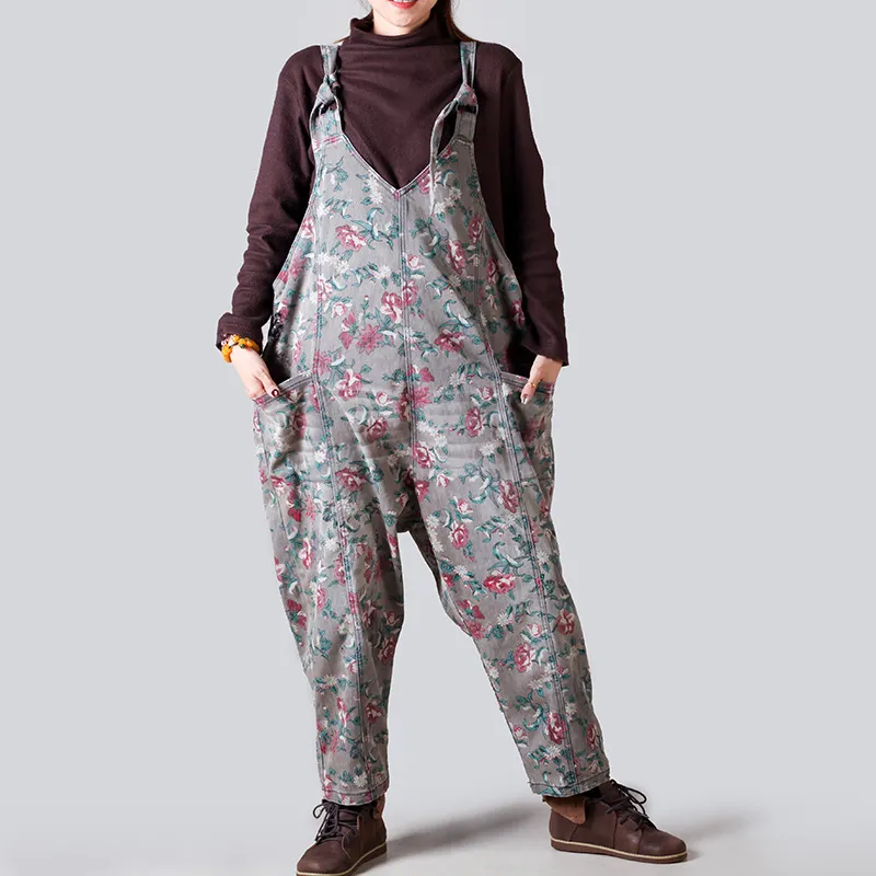 Washed Distressed Printed Adjustable Wide Leg Denim Back Pants - Grey
